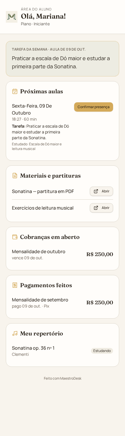 MaestroDesk no celular do aluno: tarefa da semana, próximas aulas e partituras
